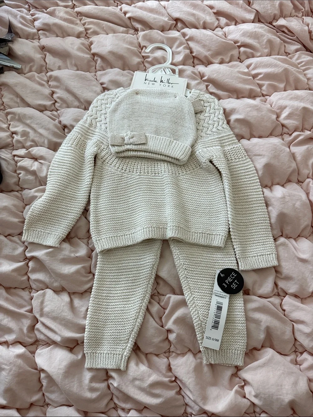 Nicole Miller Cream Knit Baby Sweater, Pants & Bow Beanie Set